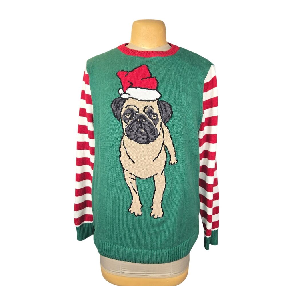 Ugly Christmas Sweater XL Pug‎ Puppy Dog Santa hat Green Striped Holiday Funny